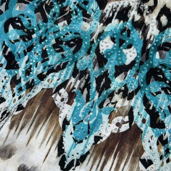 Chico's Zenergy Top Womens Large Brown Teal Animal Print Rhinestone Short Sleeve - Picture 2 of 3